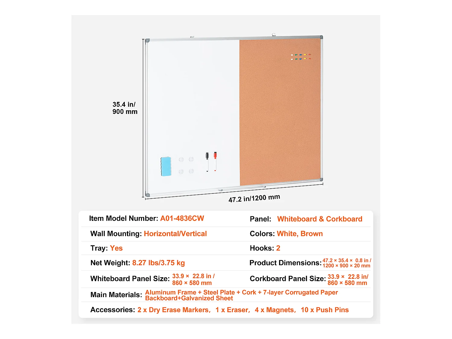 Ensemble Tableau Blanc et Tableau en Liège SucceBuy, 121,9 x 91,4 cm, avec Cadre en Aluminium pour l'École et la Maison