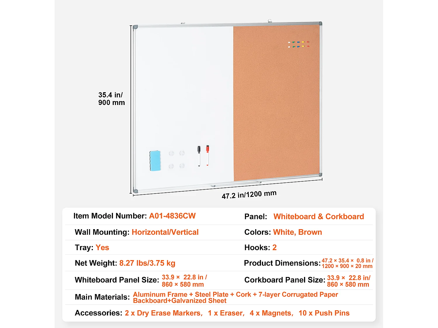 Ensemble Tableau Blanc et Tableau en Liège SucceBuy, 121,9 x 91,4 cm, avec Cadre en Aluminium pour l'École et la Maison
