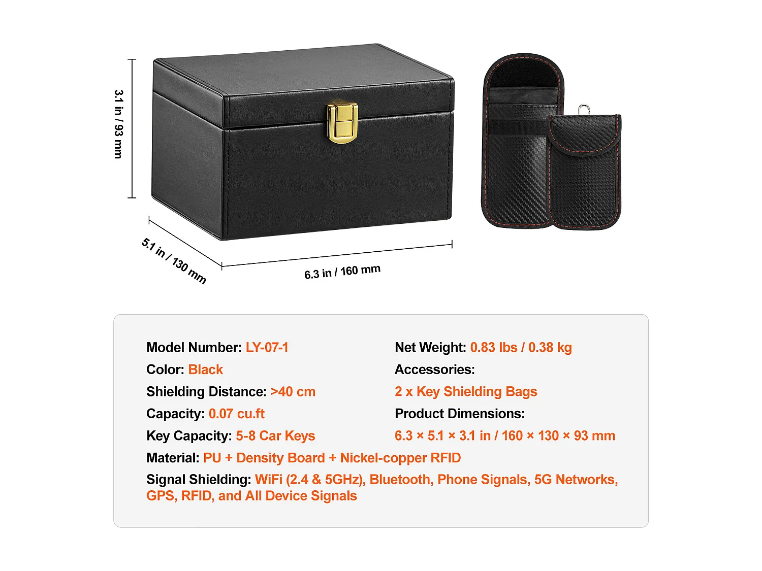 Faraday-Box SucceBuy für 5 bis 8 Autoschlüssel mit 2 Schlüsselbeuteln, Signalblockierer, Schwarz