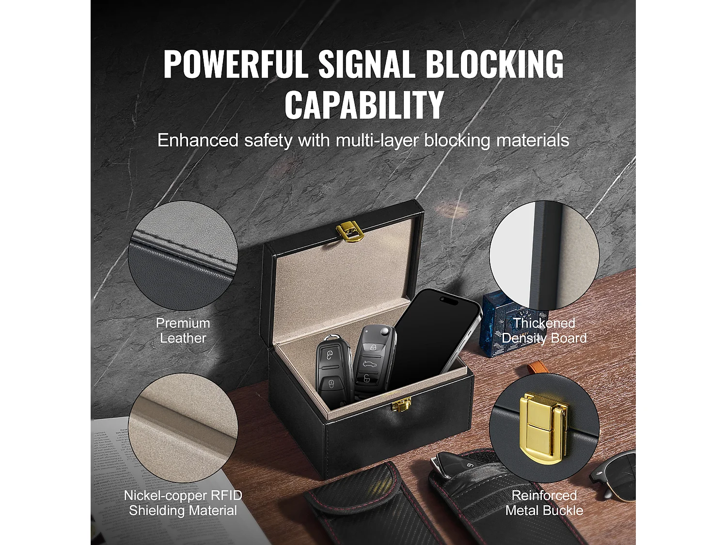 Faraday-Box SucceBuy für 5 bis 8 Autoschlüssel mit 2 Schlüsselbeuteln, Signalblockierer, Schwarz