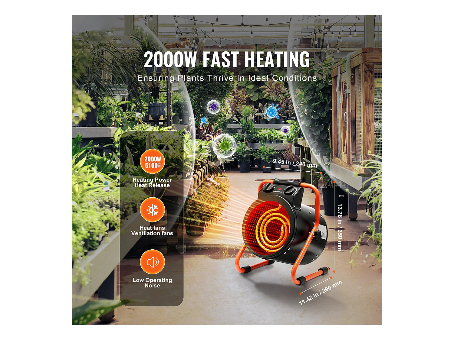 Chauffage de Serre SucceBuy 2000 W Chauffage Rapide avec Protection Contre la Surchauffe Étanche