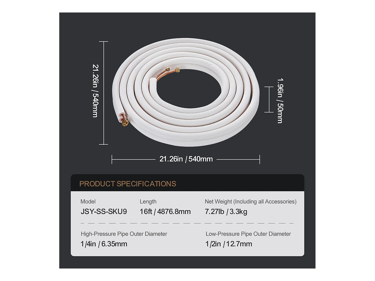 Tube SucceBuy Mini Split Line Set 6,4 x 12,7 mm x 4876,8 mm Tube en Cuivre pour AC avec Câble de Connexion