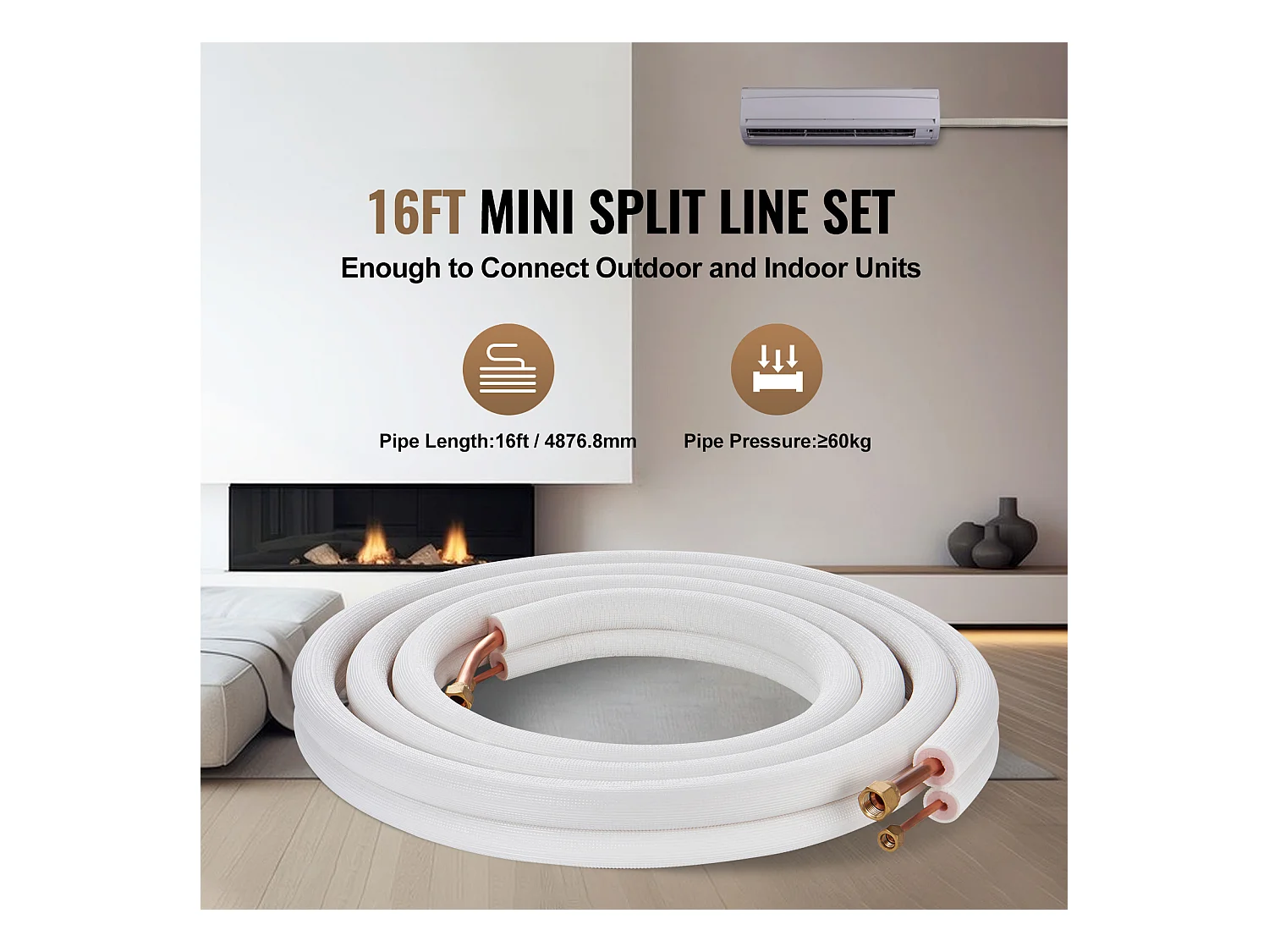 Tube SucceBuy Mini Split Line Set 6,4 x 12,7 mm x 4876,8 mm Tube en Cuivre pour AC avec Câble de Connexion