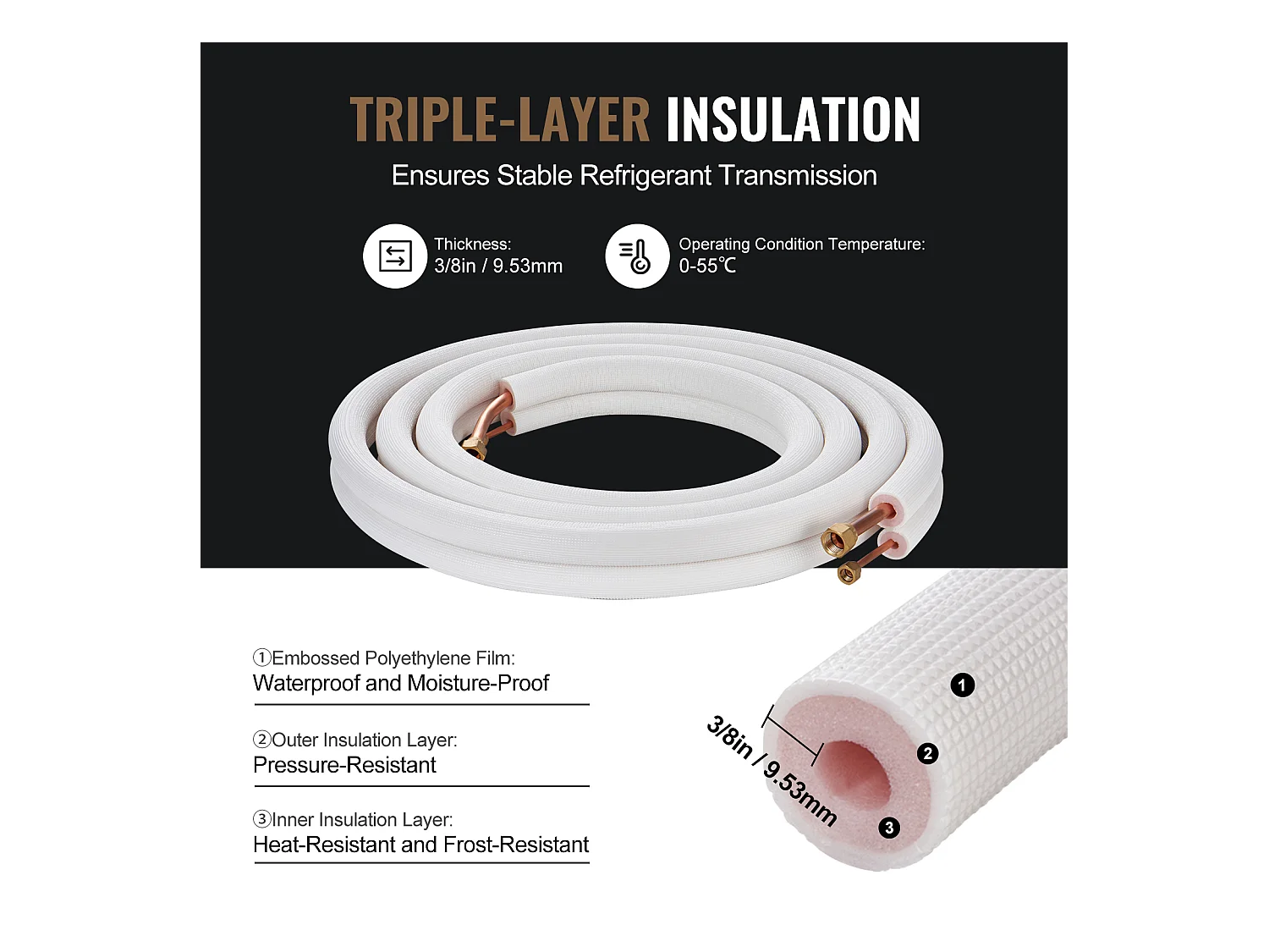Tube SucceBuy Mini Split Line Set 6,4 x 12,7 mm x 4876,8 mm Tube en Cuivre pour AC avec Câble de Connexion