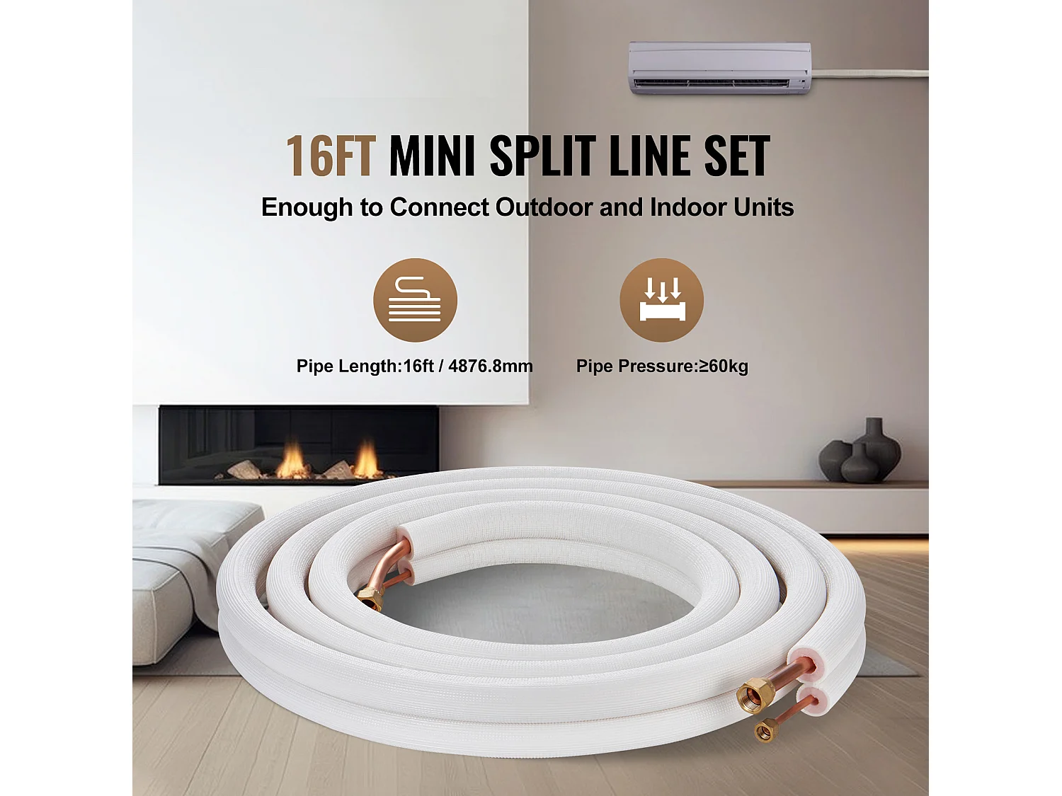 Tube SucceBuy Mini Split Line Set 6,4 x 12,7 mm x 4876,8 mm Tube en Cuivre pour AC avec Câble de Connexion