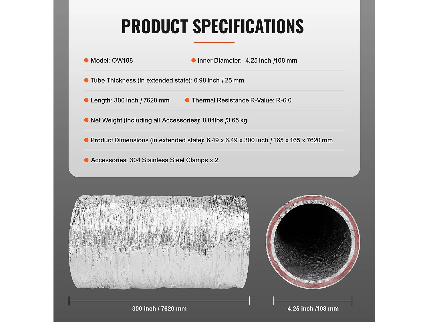 Isoliertes Flexibles Rohr SucceBuy für Trocknerlüftung 10.16CM x 760CM, CVC, Feuersicherheit R-6