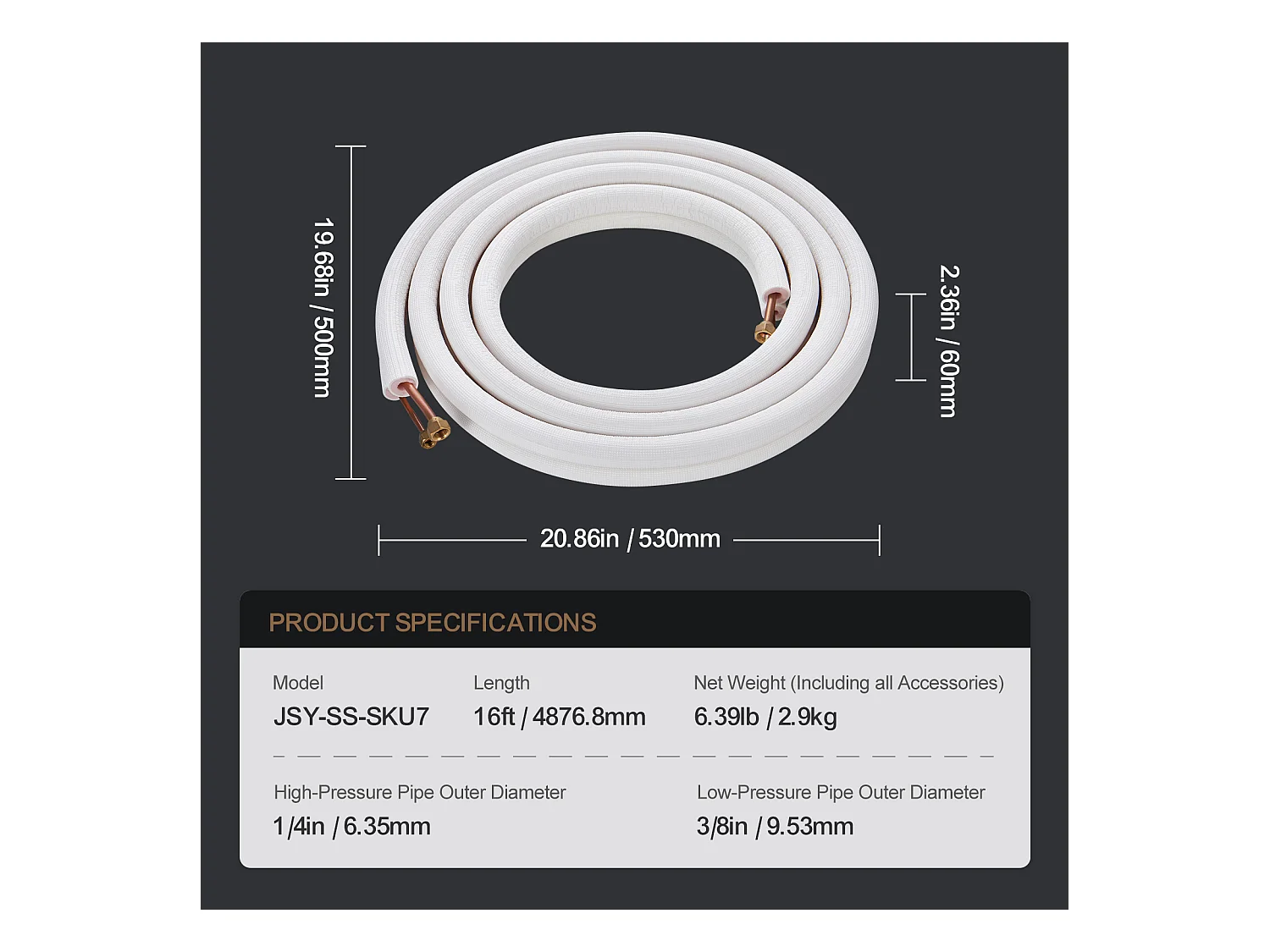 Tube SucceBuy Ensemble de Mini-Lignes Divisées 6,4 x 9,5 mm x 4877 mm Tubes en Cuivre avec Câble CA