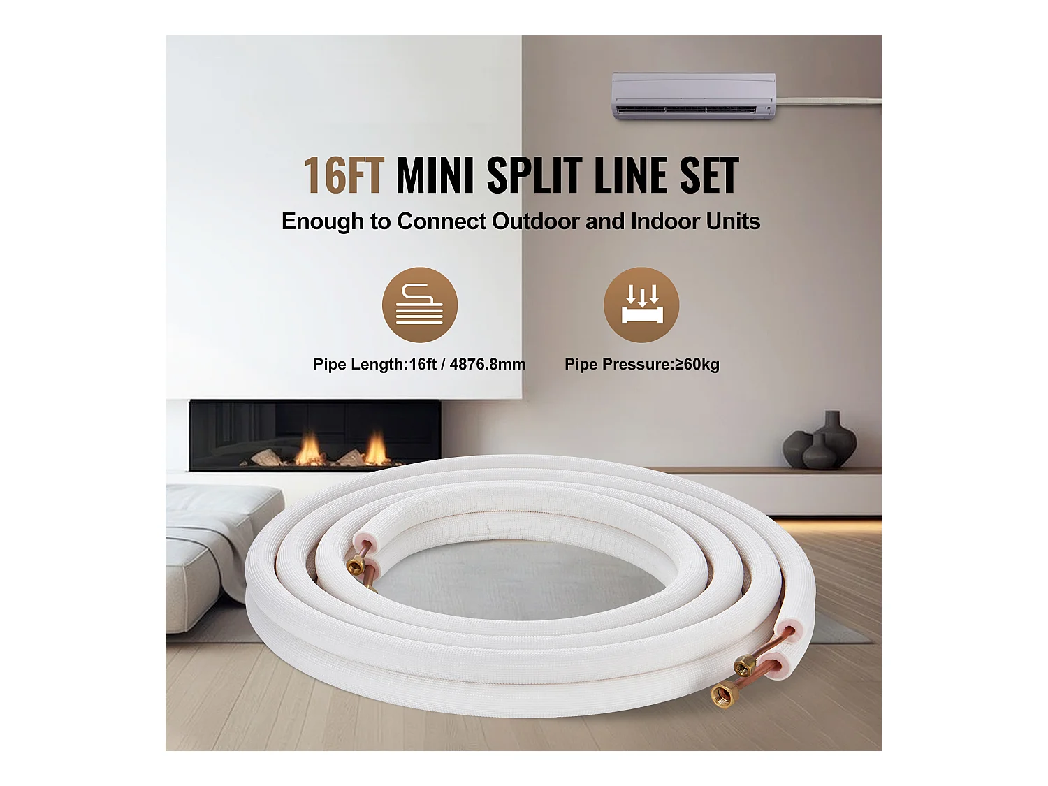 Tube SucceBuy Ensemble de Mini-Lignes Divisées 6,4 x 9,5 mm x 4877 mm Tubes en Cuivre avec Câble CA