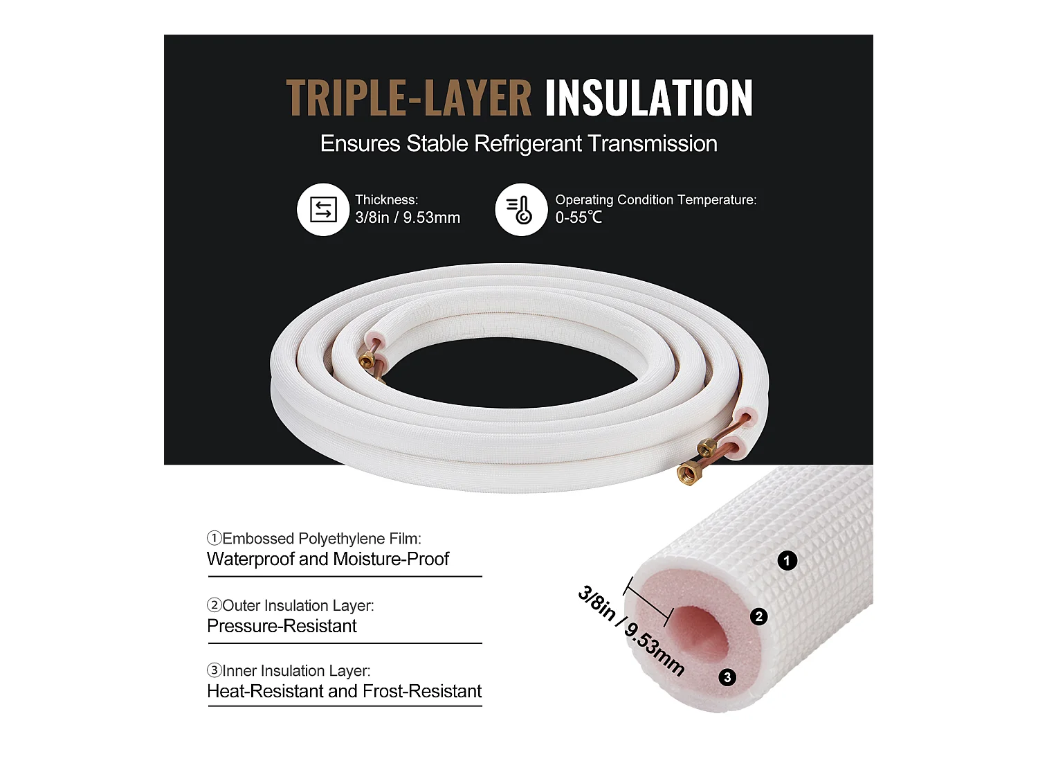 Tube SucceBuy Ensemble de Mini-Lignes Divisées 6,4 x 9,5 mm x 4877 mm Tubes en Cuivre avec Câble CA
