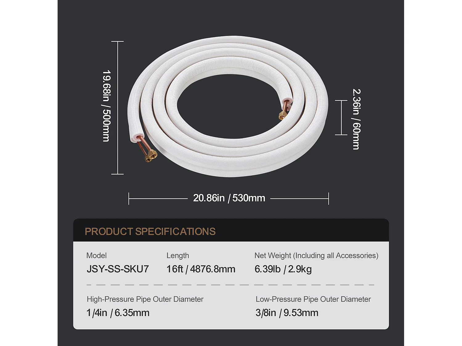 SucceBuy Rohr-Set Mini-Split-Linien 6,4 x 9,5 mm x 4877 mm Kupferrohre mit Wechselstromkabel
