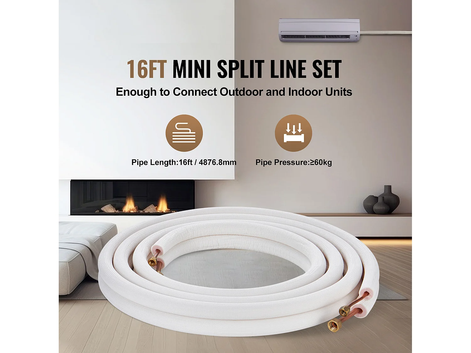 SucceBuy Rohr-Set Mini-Split-Linien 6,4 x 9,5 mm x 4877 mm Kupferrohre mit Wechselstromkabel