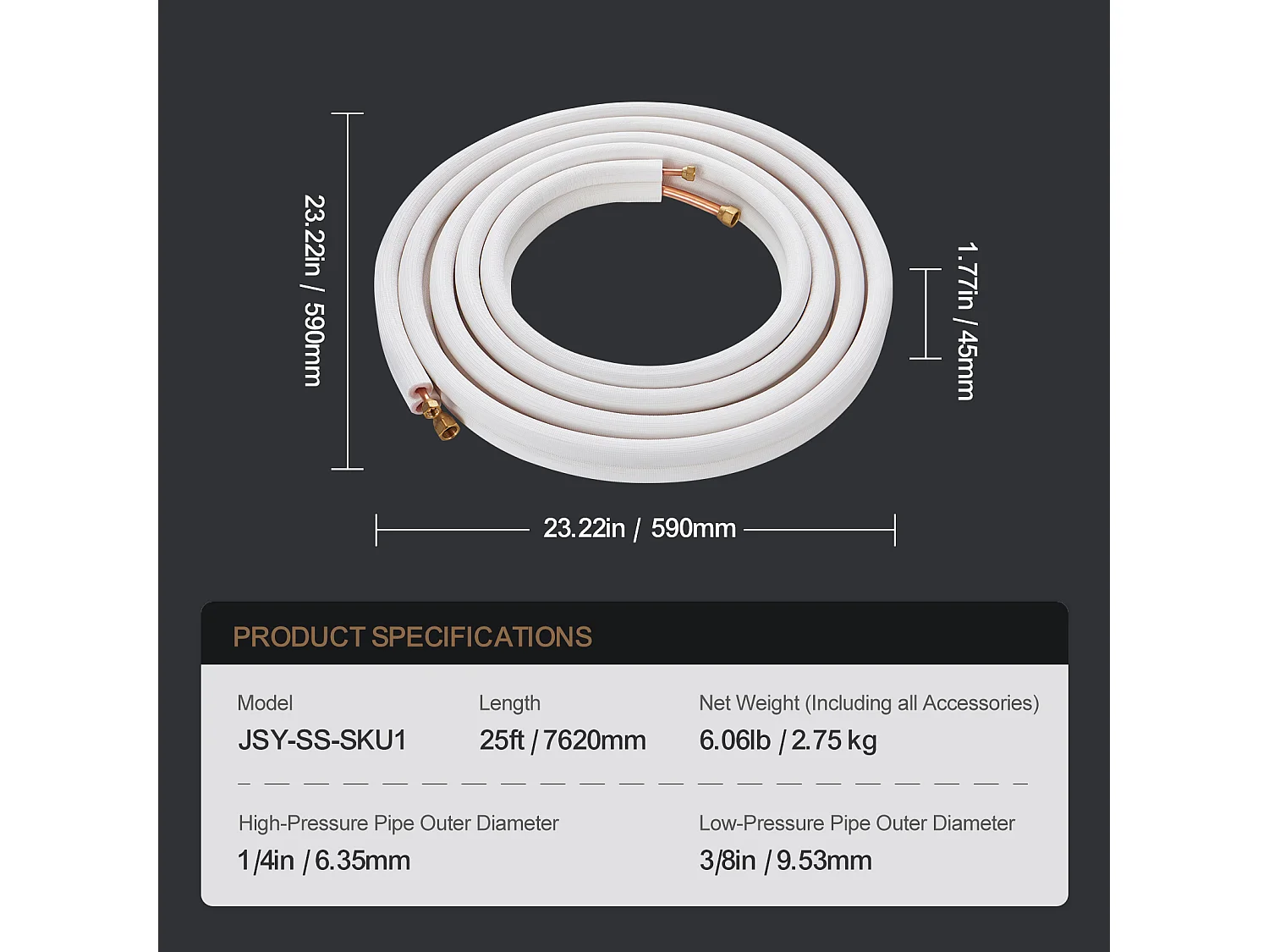 Tube SucceBuy Ensemble de Mini-Lignes Divisées 6,4 x 9,5 x 7620 mm, Tubes en Cuivre Isolés pour Climatiseur sans Conduit