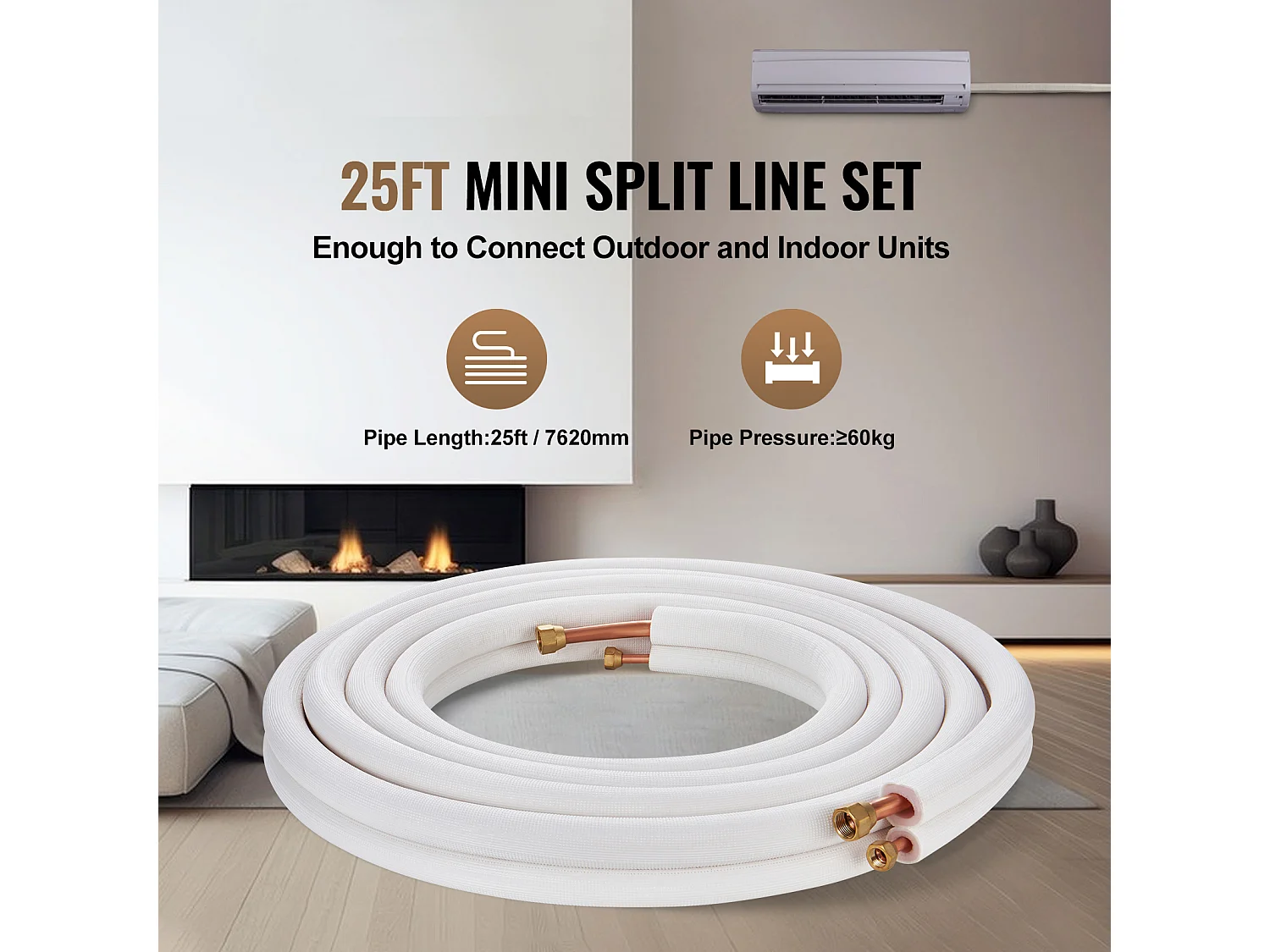 Tube SucceBuy Ensemble de Mini-Lignes Divisées 6,4 x 9,5 x 7620 mm, Tubes en Cuivre Isolés pour Climatiseur sans Conduit