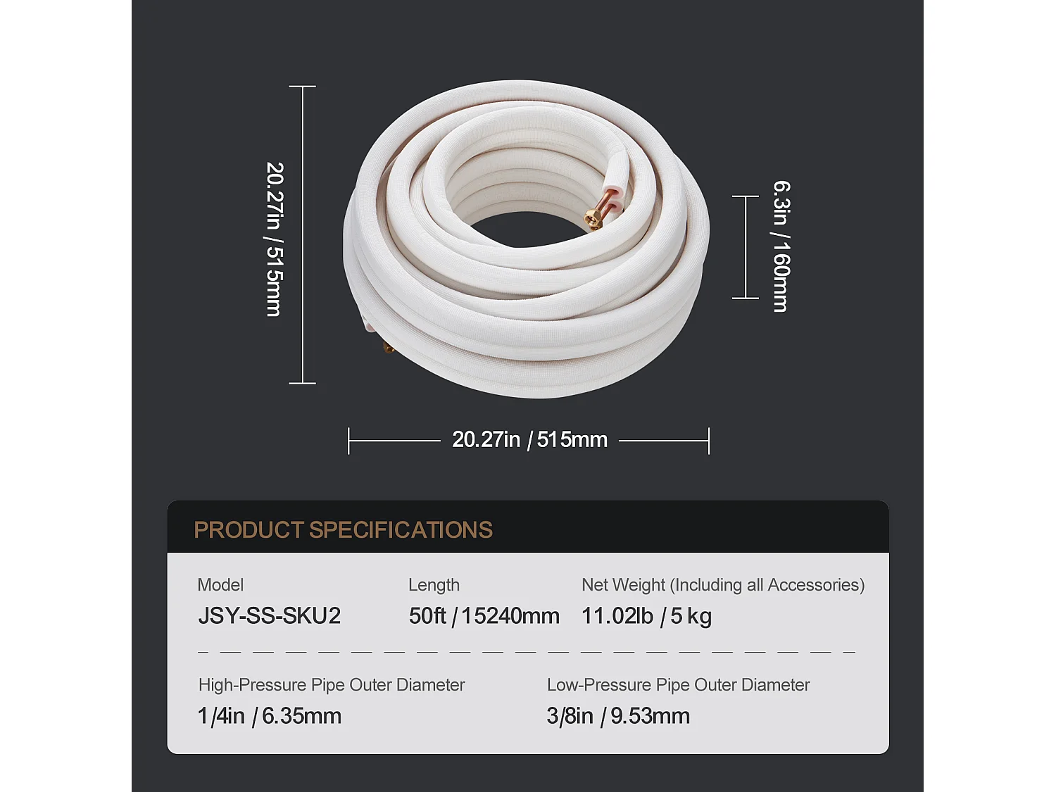 Tube SucceBuy Ensemble de Mini-Lignes Divisées 6,4 x 9,5 x 15240 mm, Tubes en Cuivre Isolés pour Courant Alternatif