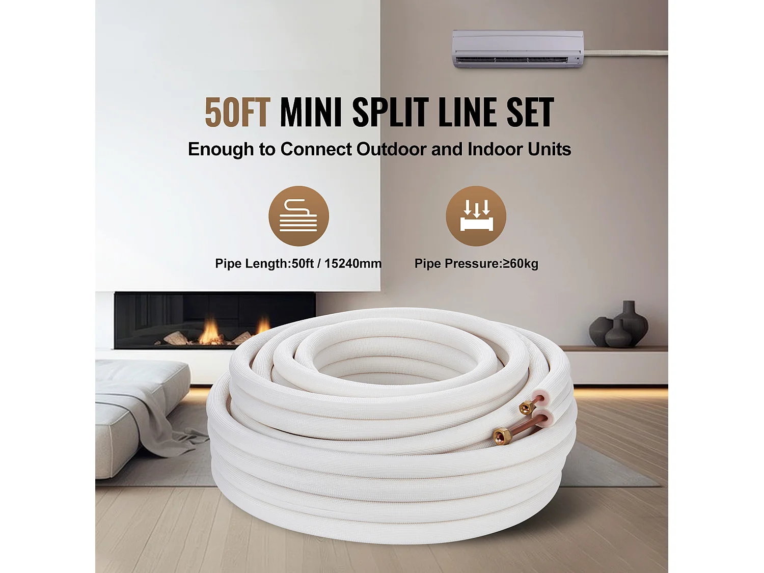 Tube SucceBuy Ensemble de Mini-Lignes Divisées 6,4 x 9,5 x 15240 mm, Tubes en Cuivre Isolés pour Courant Alternatif