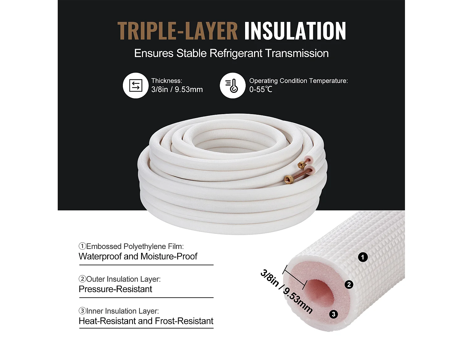 Tube SucceBuy Ensemble de Mini-Lignes Divisées 6,4 x 9,5 x 15240 mm, Tubes en Cuivre Isolés pour Courant Alternatif
