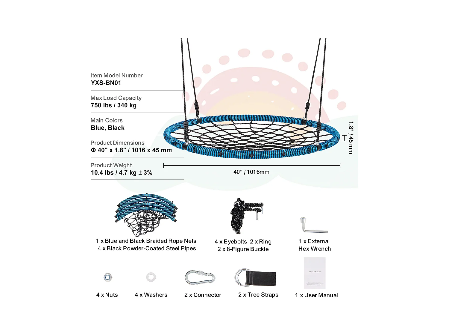 Balançoire Ronde SucceBuy en Toile D'Araignée de 102 cm, pour Enfants en Extérieur, 340 kg, Siège en Corde Tissée Stable avec Sangles et Cordes Réglables