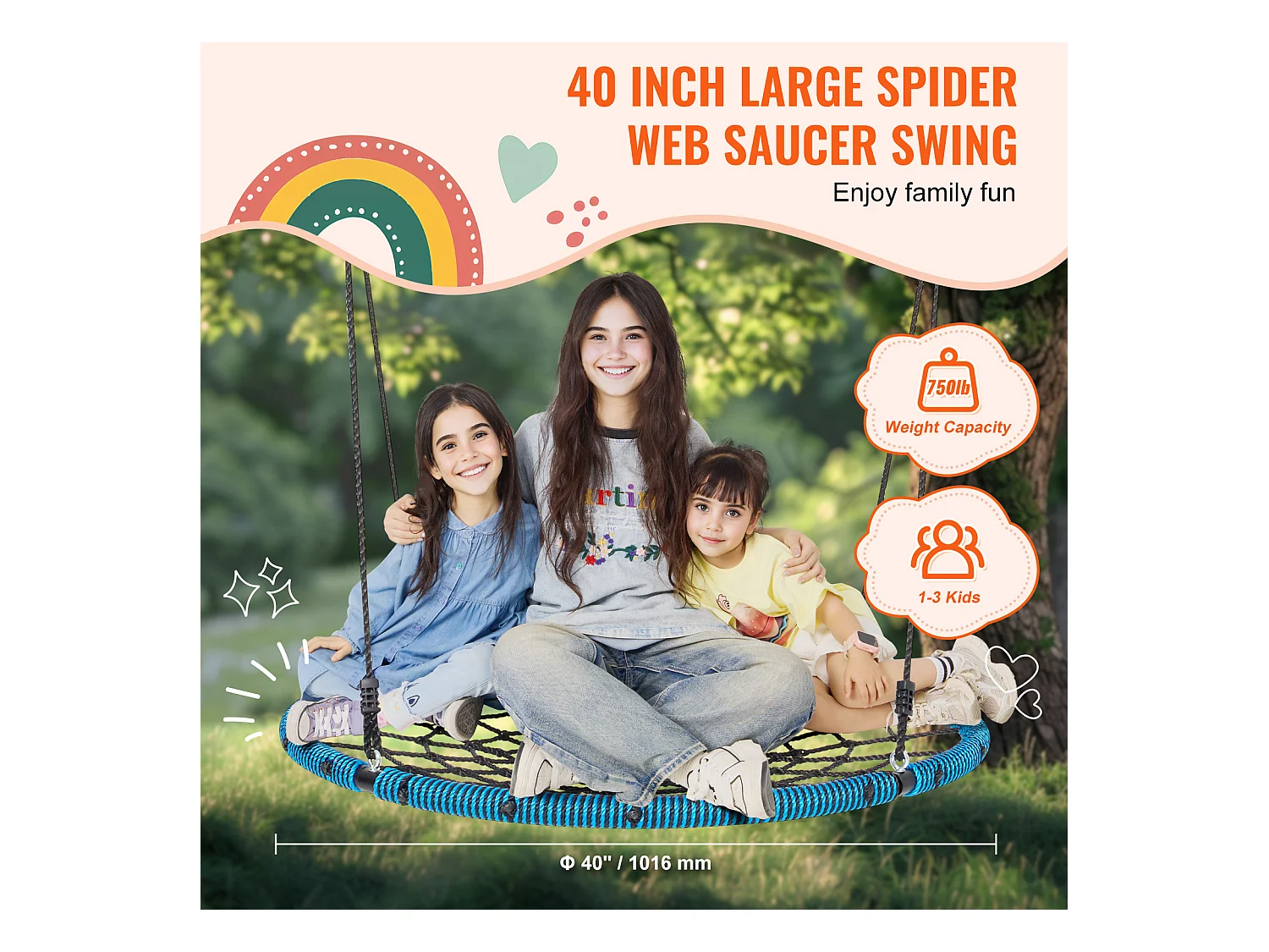 Balançoire Ronde SucceBuy en Toile D'Araignée de 102 cm, pour Enfants en Extérieur, 340 kg, Siège en Corde Tissée Stable avec Sangles et Cordes Réglables