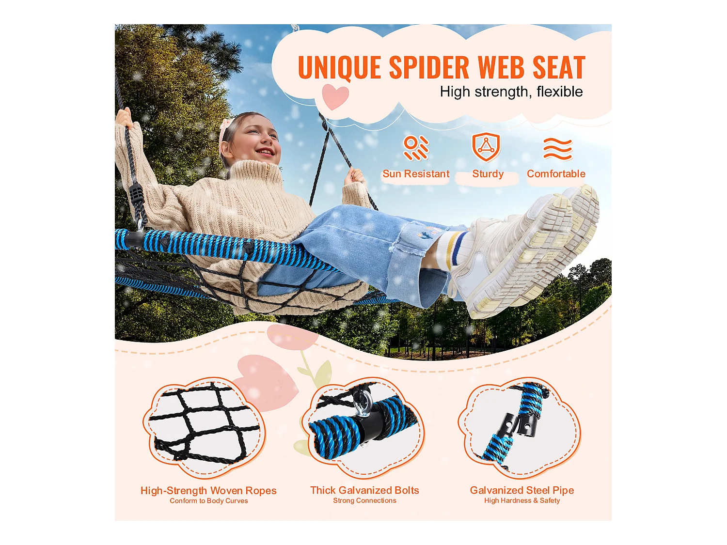 Balançoire Ronde SucceBuy en Toile D'Araignée de 102 cm, pour Enfants en Extérieur, 340 kg, Siège en Corde Tissée Stable avec Sangles et Cordes Réglables