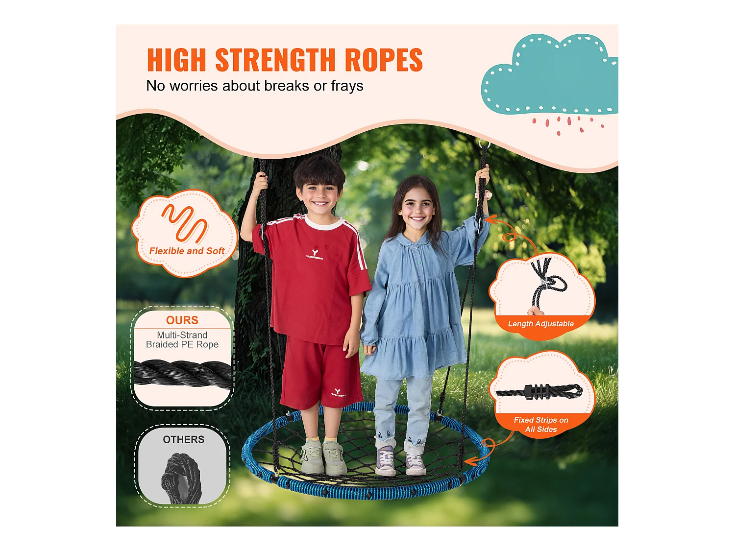 Balançoire Ronde SucceBuy en Toile D'Araignée de 102 cm, pour Enfants en Extérieur, 340 kg, Siège en Corde Tissée Stable avec Sangles et Cordes Réglables