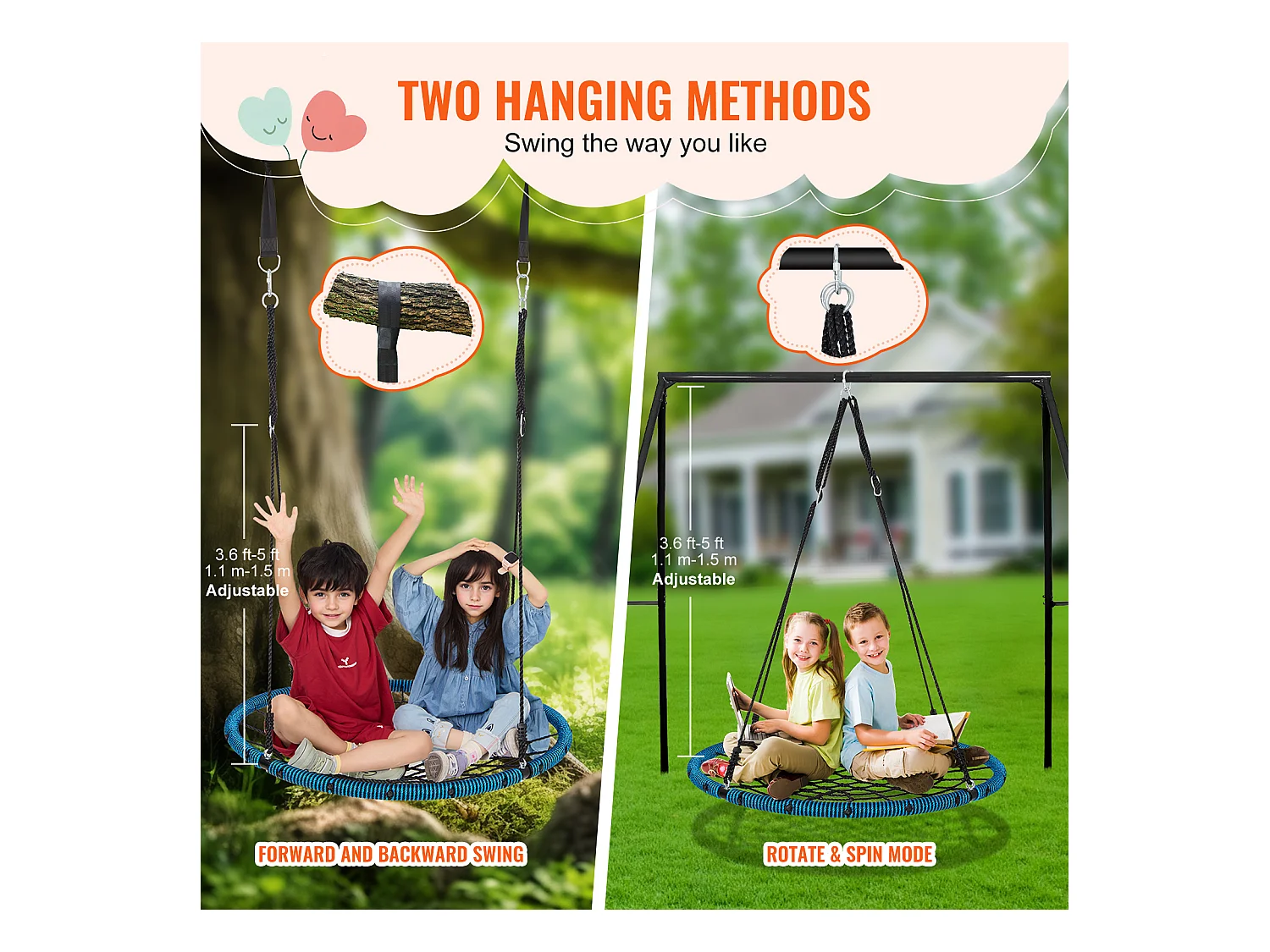 Balançoire Ronde SucceBuy en Toile D'Araignée de 102 cm, pour Enfants en Extérieur, 340 kg, Siège en Corde Tissée Stable avec Sangles et Cordes Réglables