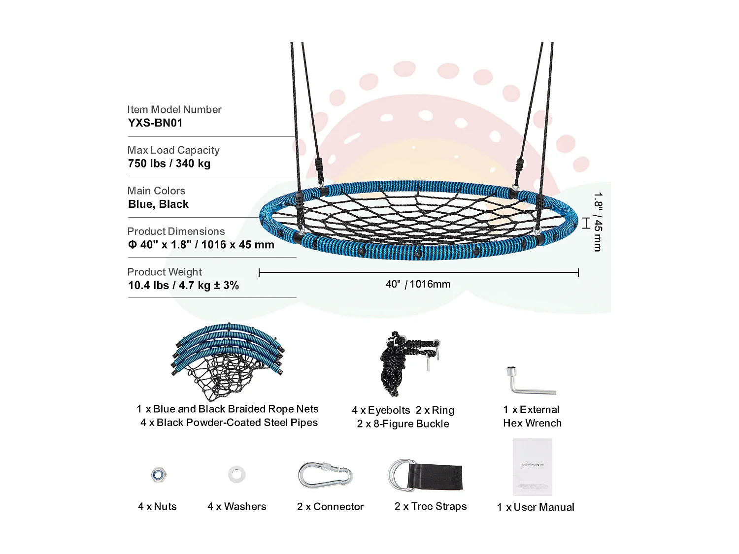 Balançoire Ronde SucceBuy en Toile D'Araignée de 102 cm, pour Enfants en Extérieur, 340 kg, Siège en Corde Tissée Stable avec Sangles et Cordes Réglables