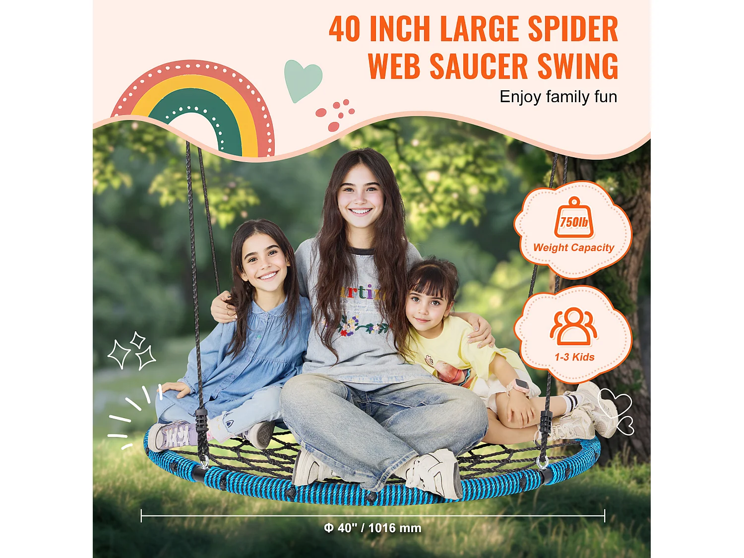 Balançoire Ronde SucceBuy en Toile D'Araignée de 102 cm, pour Enfants en Extérieur, 340 kg, Siège en Corde Tissée Stable avec Sangles et Cordes Réglables