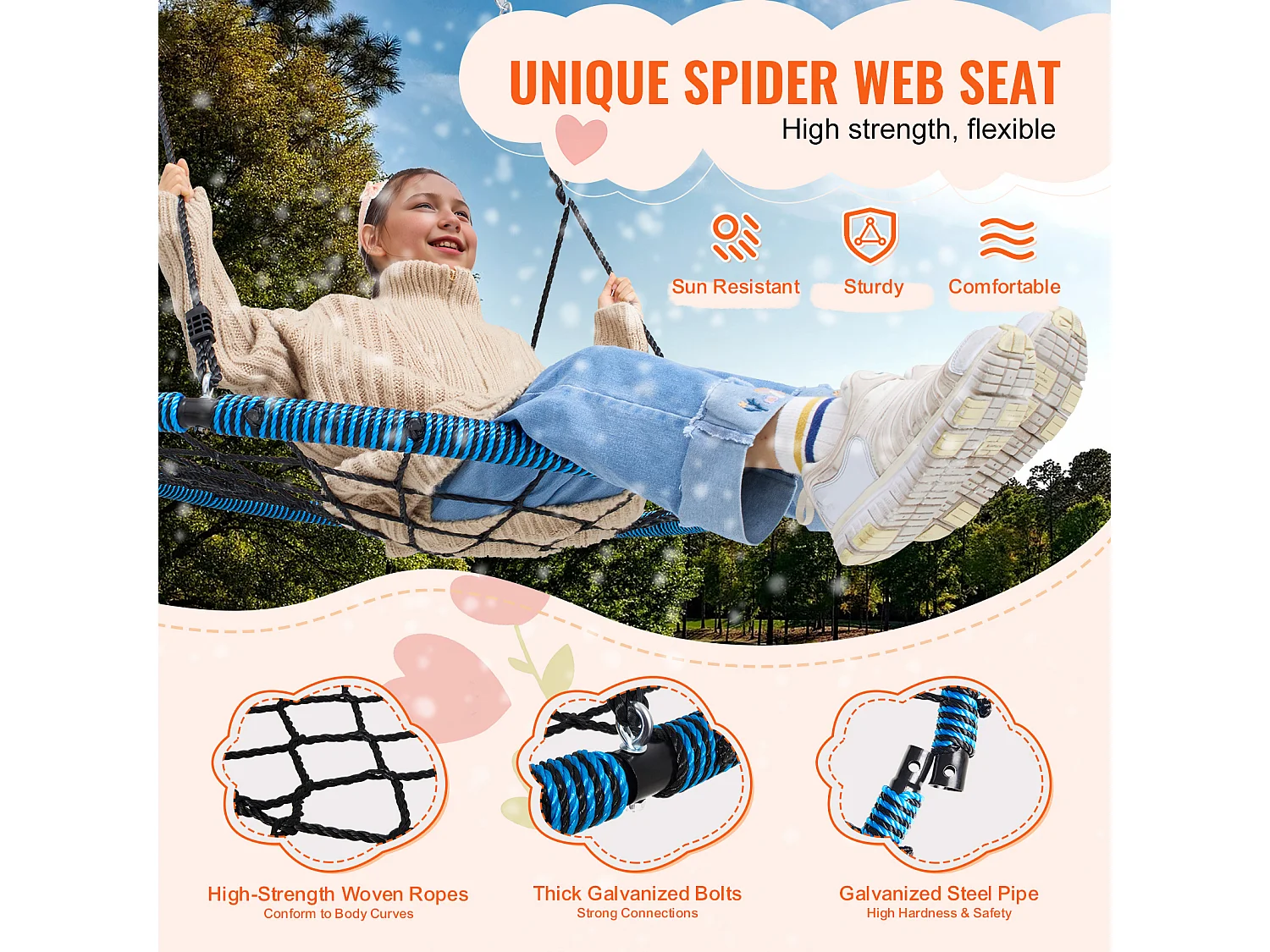 Balançoire Ronde SucceBuy en Toile D'Araignée de 102 cm, pour Enfants en Extérieur, 340 kg, Siège en Corde Tissée Stable avec Sangles et Cordes Réglables