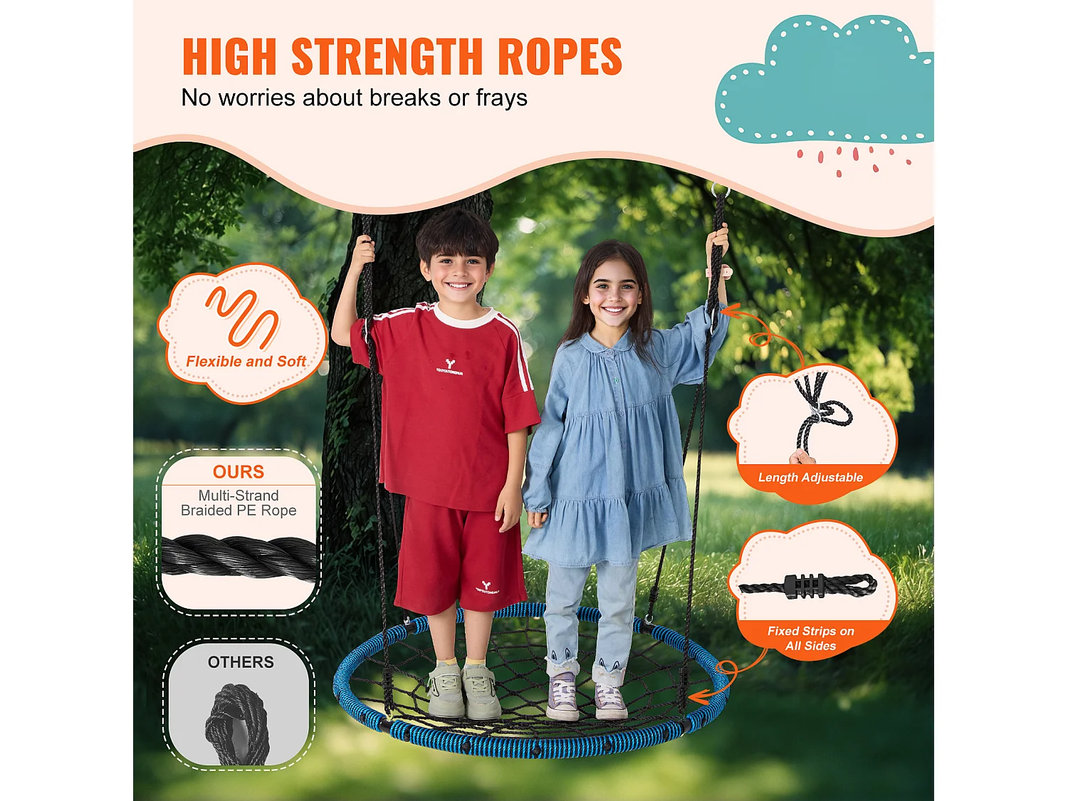 Balançoire Ronde SucceBuy en Toile D'Araignée de 102 cm, pour Enfants en Extérieur, 340 kg, Siège en Corde Tissée Stable avec Sangles et Cordes Réglables