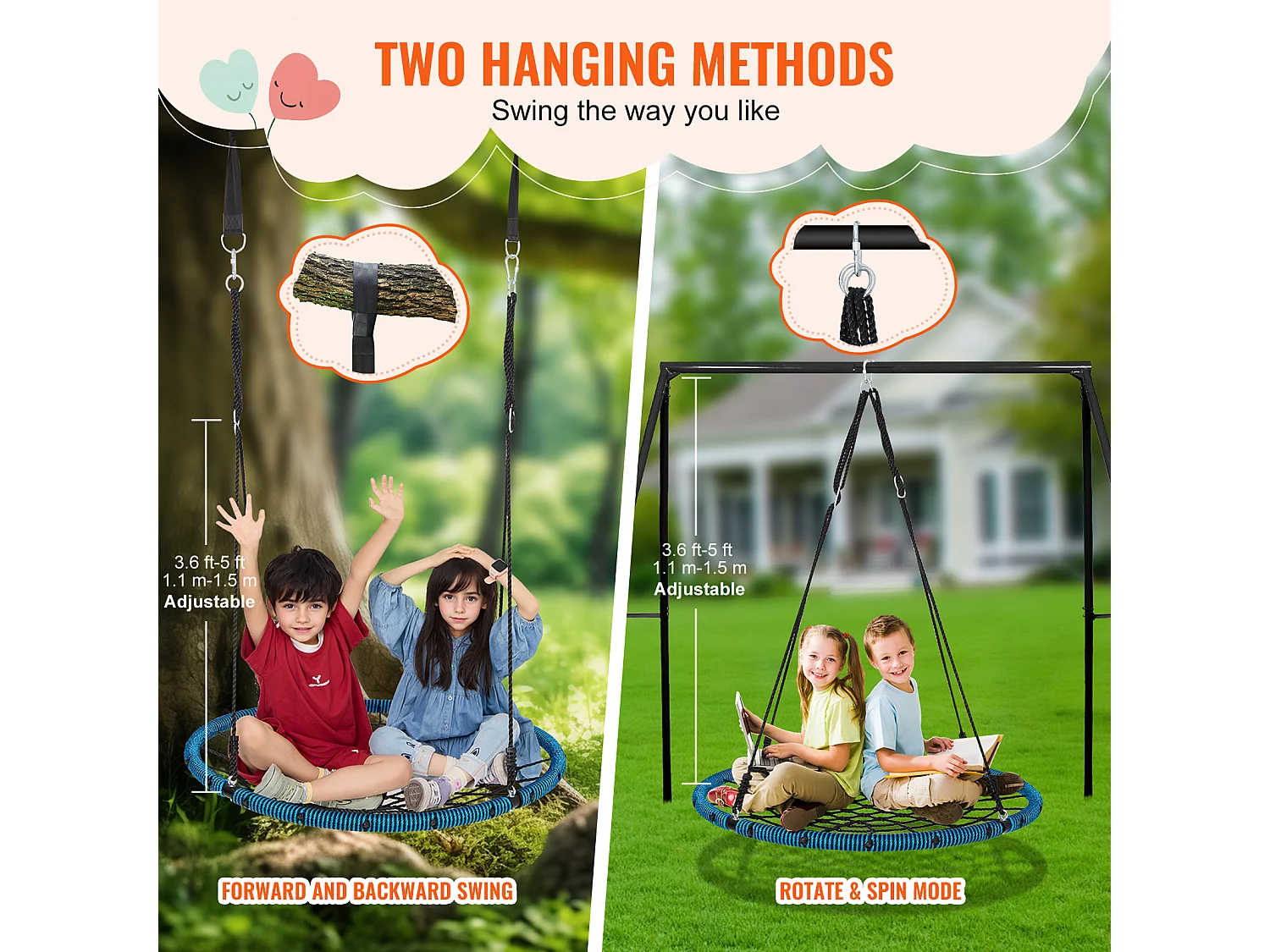 Balançoire Ronde SucceBuy en Toile D'Araignée de 102 cm, pour Enfants en Extérieur, 340 kg, Siège en Corde Tissée Stable avec Sangles et Cordes Réglables