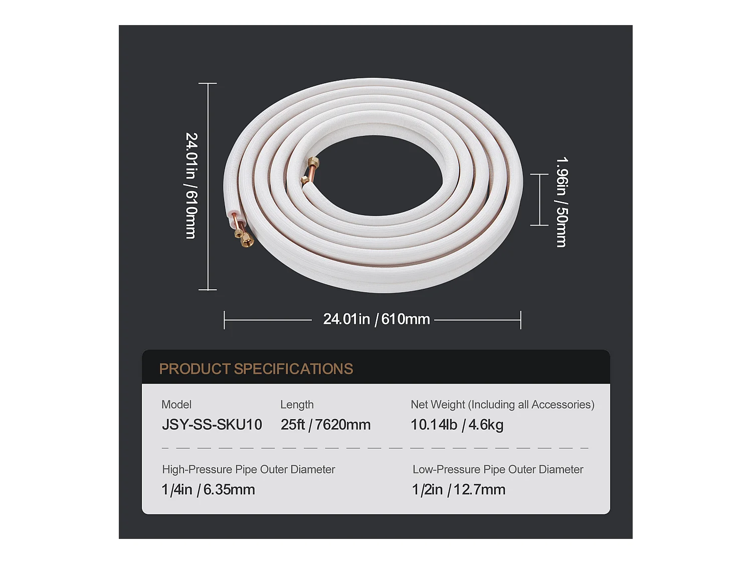 Tube SucceBuy Mini Split Line Set 6,4 x 12,7 x 7620 mm Tube en Cuivre pour AC avec Câble de Connexion