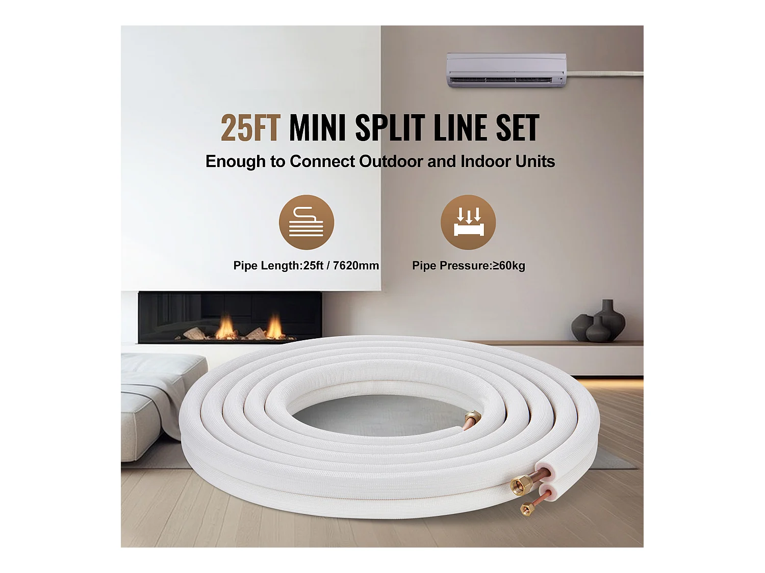 Tube SucceBuy Mini Split Line Set 6,4 x 12,7 x 7620 mm Tube en Cuivre pour AC avec Câble de Connexion