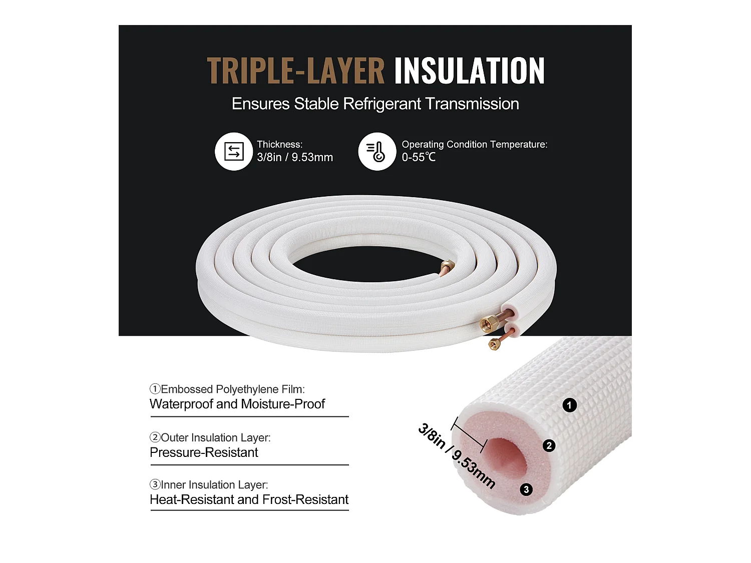 Tube SucceBuy Mini Split Line Set 6,4 x 12,7 x 7620 mm Tube en Cuivre pour AC avec Câble de Connexion
