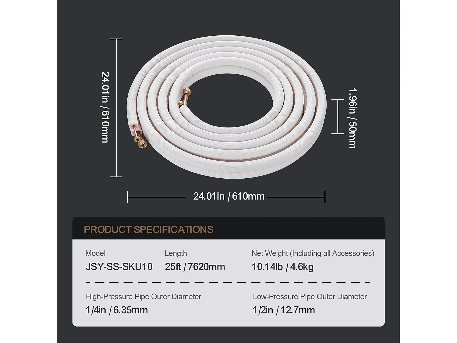 Tube SucceBuy Mini Split Line Set 6,4 x 12,7 x 7620 mm Tube en Cuivre pour AC avec Câble de Connexion