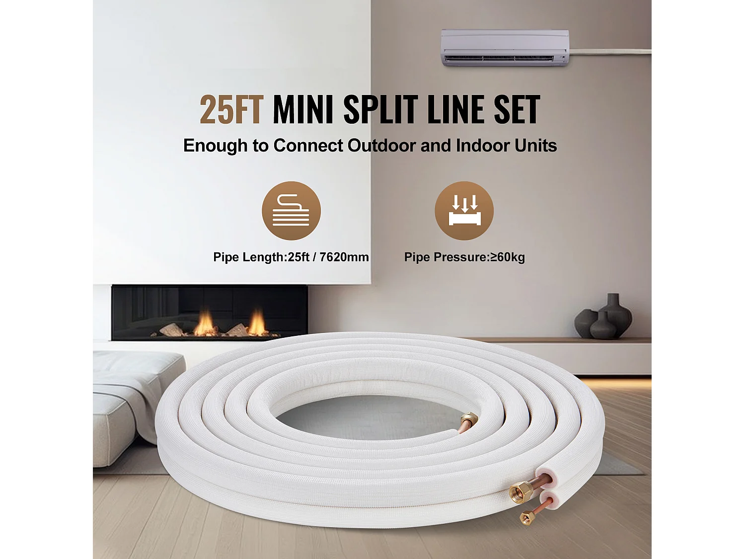 Tube SucceBuy Mini Split Line Set 6,4 x 12,7 x 7620 mm Tube en Cuivre pour AC avec Câble de Connexion