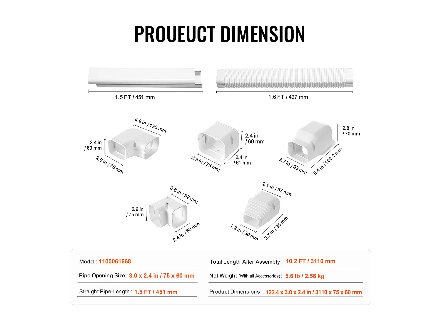 Couvercle de Ligne SucceBuy, 310 x 7,6 cm pour Mini-Split/Climatiseur, en PVC, avec Tuyaux Droits Flexible