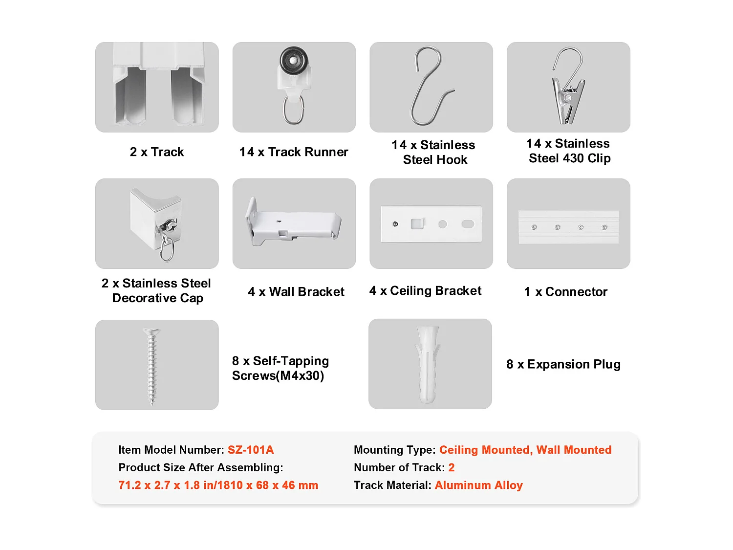 Ensemble de Rails SucceBuy à Rideaux de Plafond de 180cm, Séparateur de Pièce avec Crochets, Système de Rideau Coulissant pour Séparateur de Pièce, Blanc