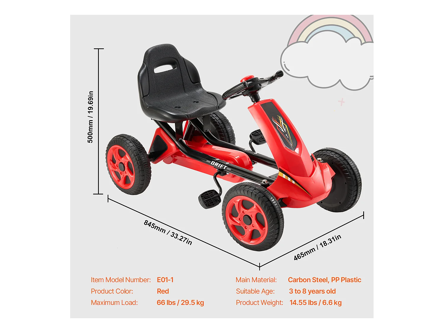 Kart à Pédales Enfant, SucceBuy Go Kart 4 Roues à Pédales pour Enfants de 3 à 8 Ans, Siège Réglable, Rouge