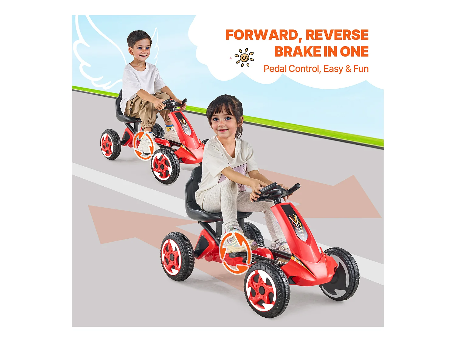 Kart à Pédales Enfant, SucceBuy Go Kart 4 Roues à Pédales pour Enfants de 3 à 8 Ans, Siège Réglable, Rouge