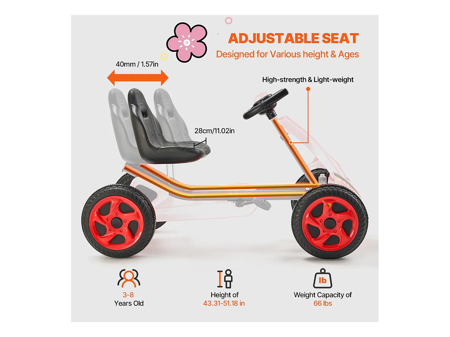 Kart à Pédales Enfant, SucceBuy Go Kart 4 Roues à Pédales pour Enfants de 3 à 8 Ans, Siège Réglable, Rouge