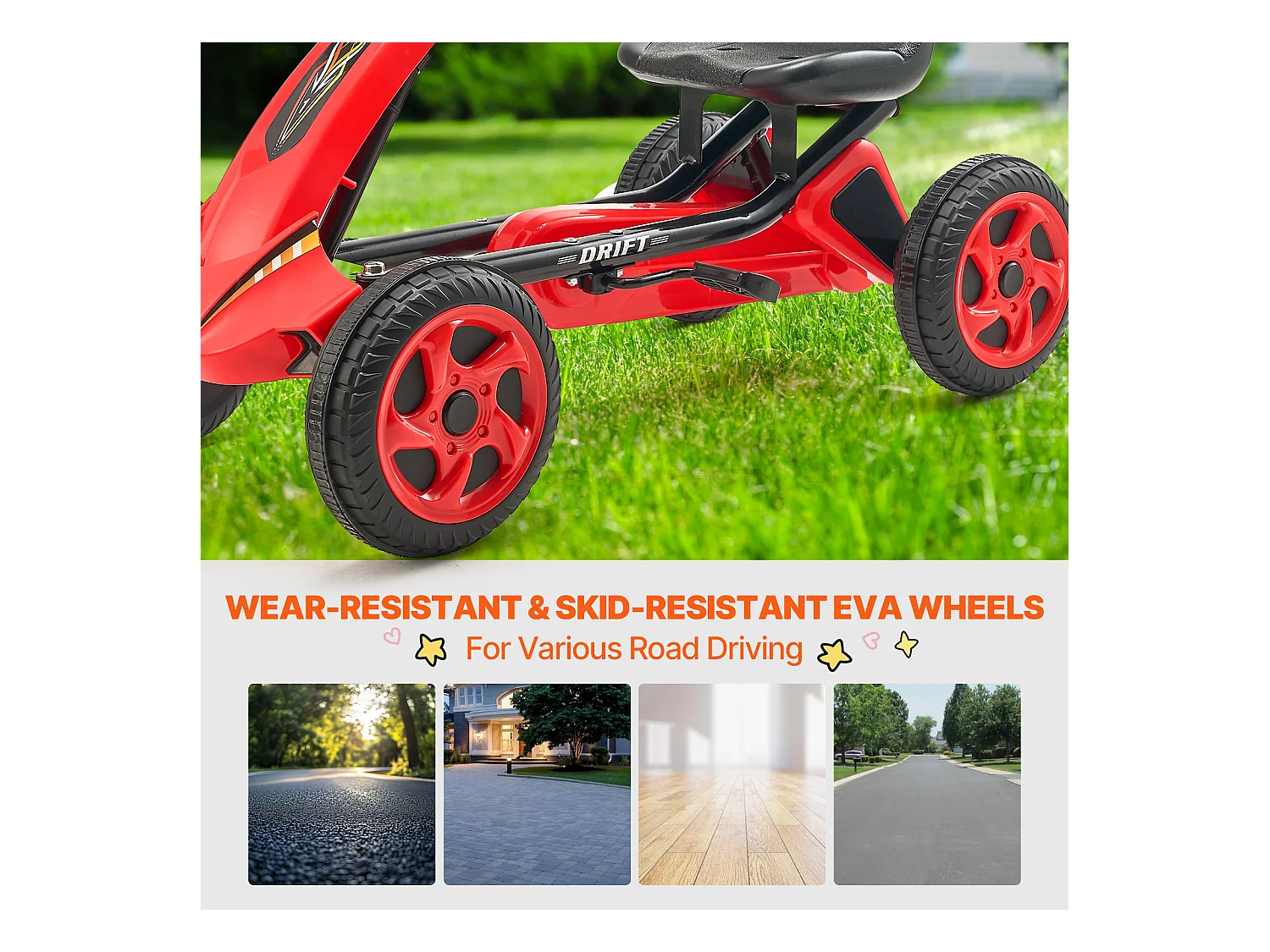 Kart à Pédales Enfant, SucceBuy Go Kart 4 Roues à Pédales pour Enfants de 3 à 8 Ans, Siège Réglable, Rouge