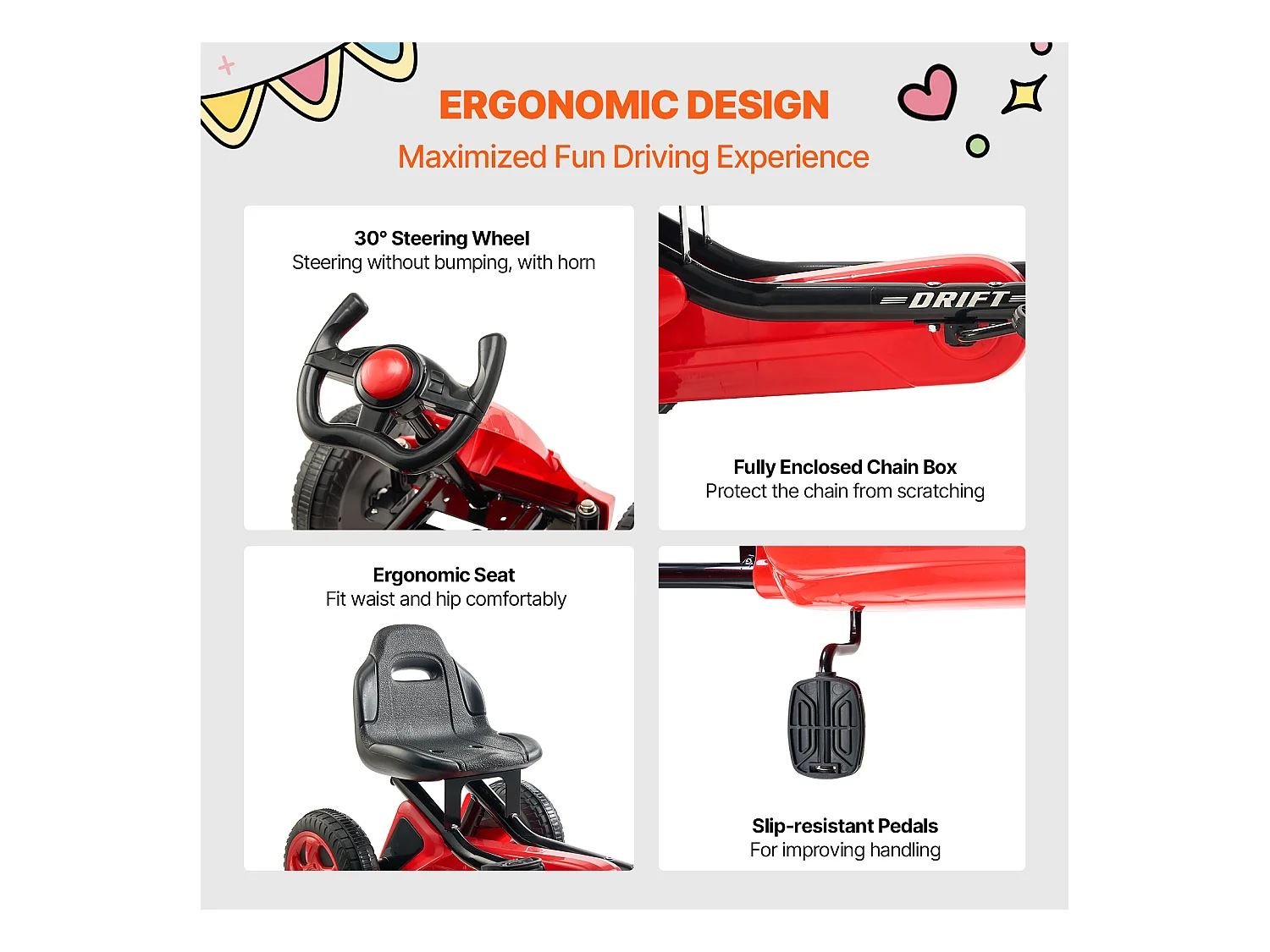 Kart à Pédales Enfant, SucceBuy Go Kart 4 Roues à Pédales pour Enfants de 3 à 8 Ans, Siège Réglable, Rouge