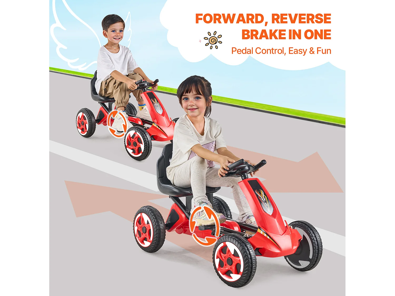 Kart à Pédales Enfant, SucceBuy Go Kart 4 Roues à Pédales pour Enfants de 3 à 8 Ans, Siège Réglable, Rouge