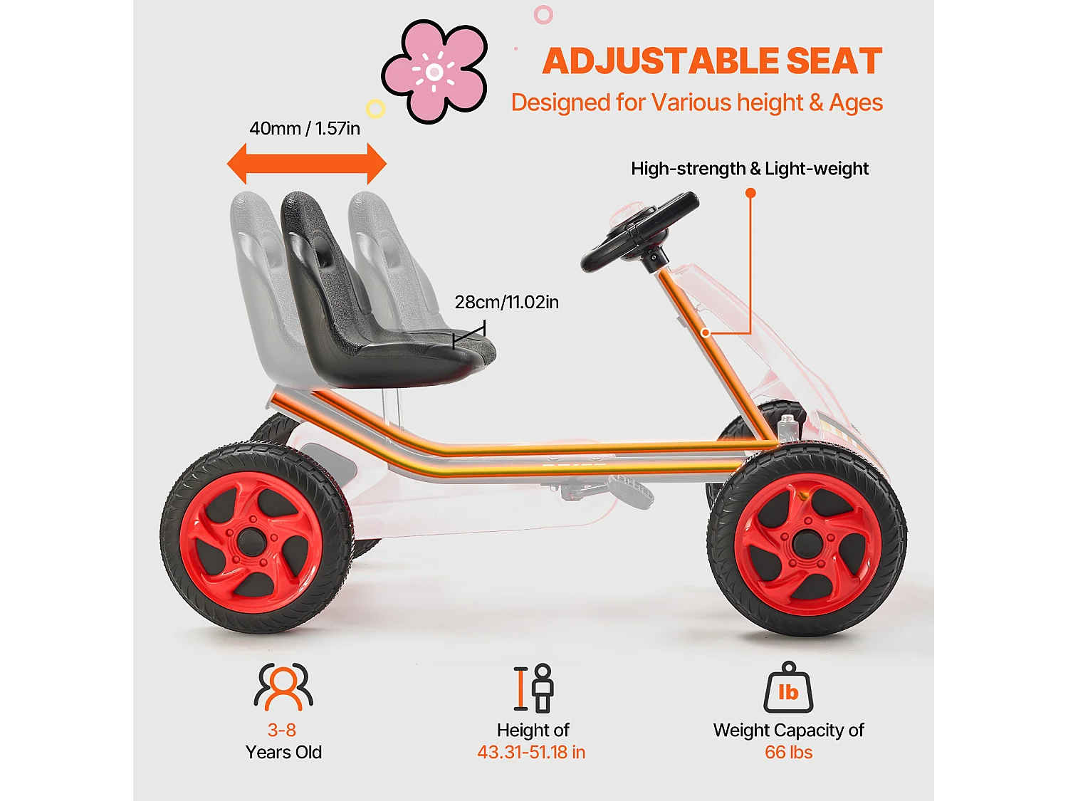 Kart à Pédales Enfant, SucceBuy Go Kart 4 Roues à Pédales pour Enfants de 3 à 8 Ans, Siège Réglable, Rouge