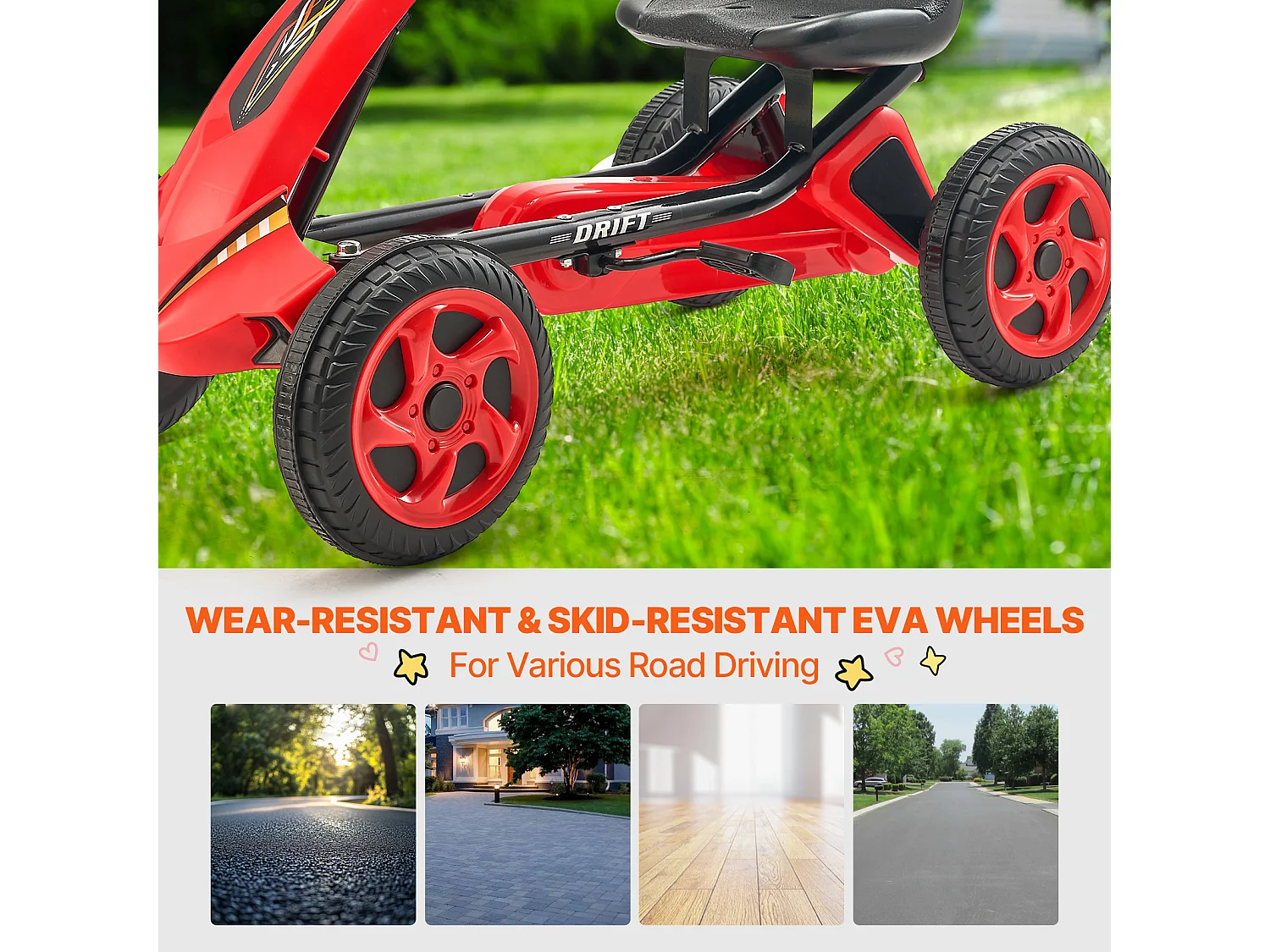 Kart à Pédales Enfant, SucceBuy Go Kart 4 Roues à Pédales pour Enfants de 3 à 8 Ans, Siège Réglable, Rouge