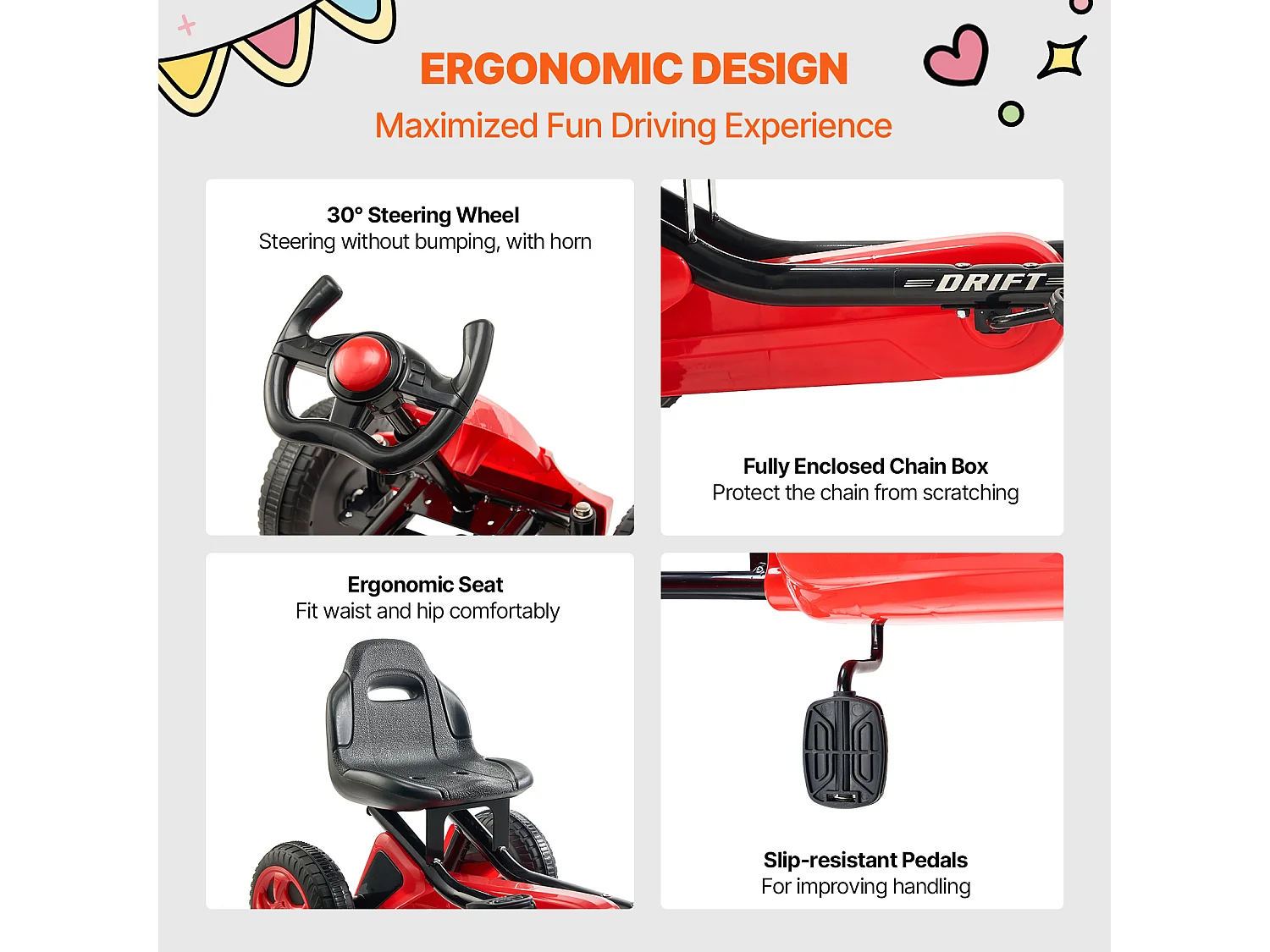 Kart à Pédales Enfant, SucceBuy Go Kart 4 Roues à Pédales pour Enfants de 3 à 8 Ans, Siège Réglable, Rouge