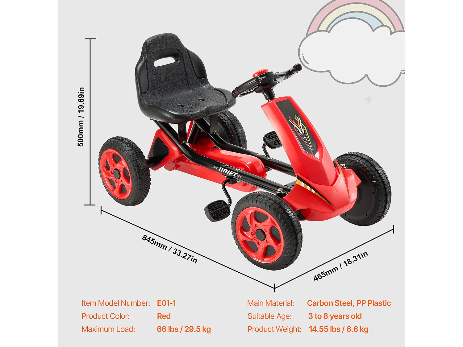 Kinderskelter, SucceBuy Go Kart 4-Wiels Skelter voor Kinderen van 3 tot 8 Jaar, Verstelbare Stoel, Rood