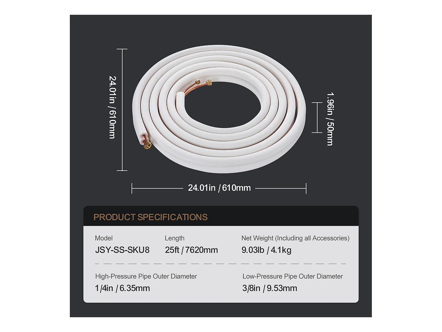 Tube SucceBuy Mini Split Line Set 6,4 x 9,5 x 7620 mm Tube en Cuivre pour AC avec Câble de Connexion
