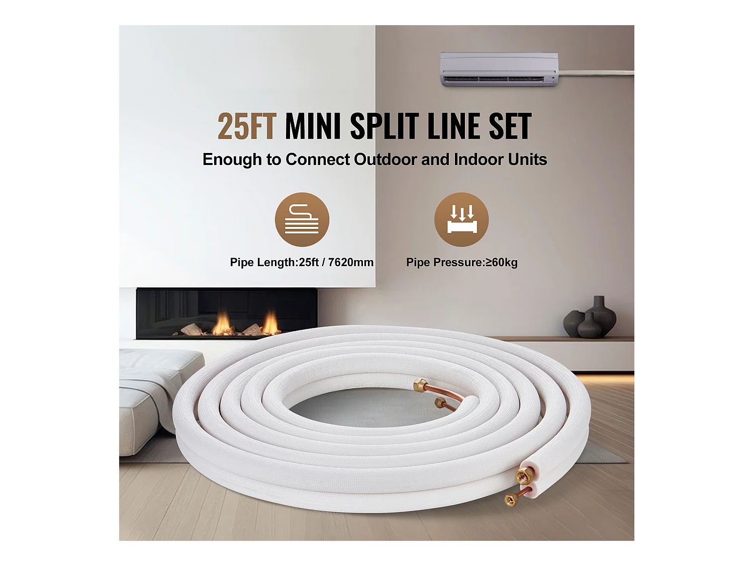 Tube SucceBuy Mini Split Line Set 6,4 x 9,5 x 7620 mm Tube en Cuivre pour AC avec Câble de Connexion