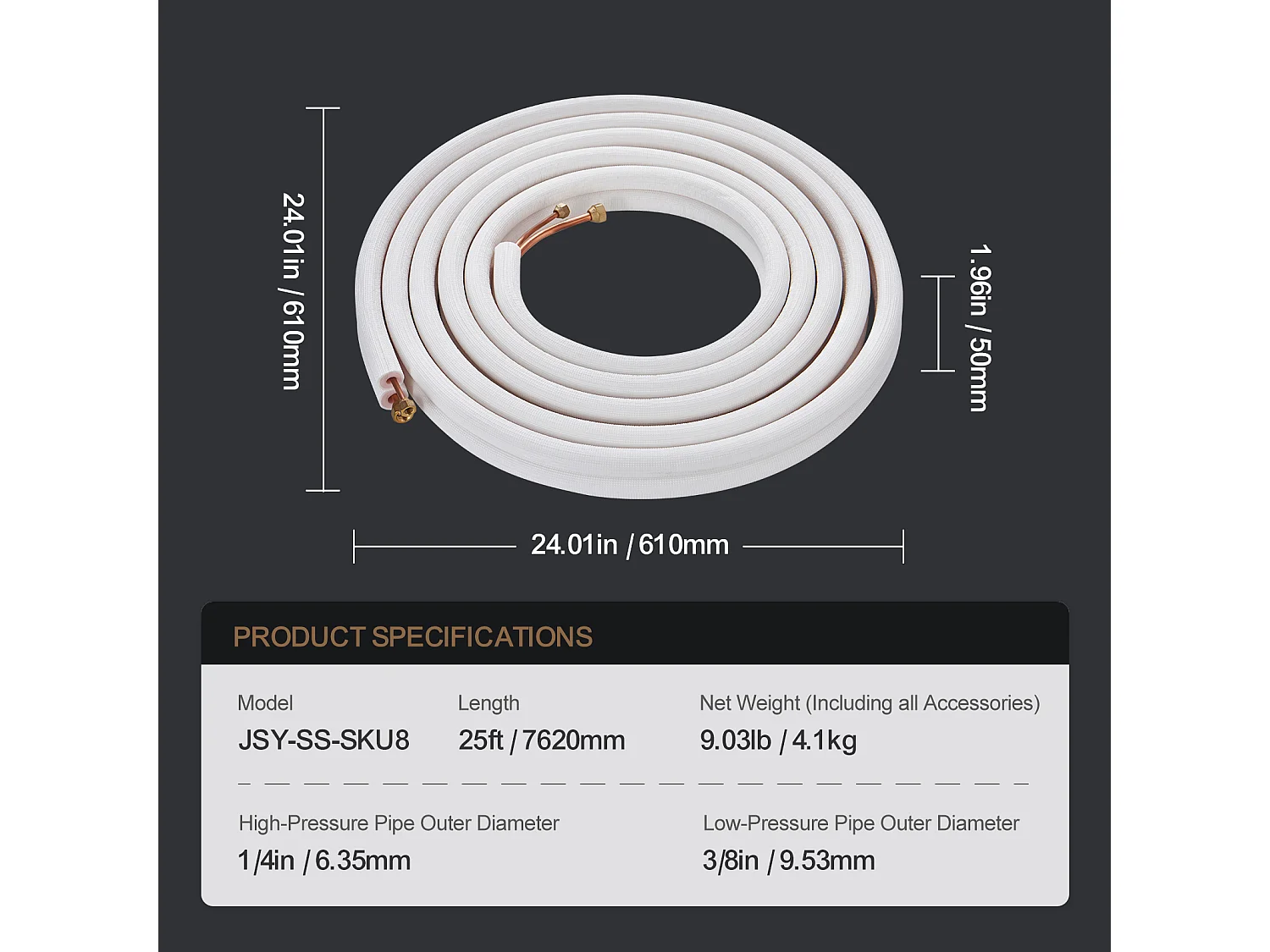 Tube SucceBuy Mini Split Line Set 6,4 x 9,5 x 7620 mm Tube en Cuivre pour AC avec Câble de Connexion